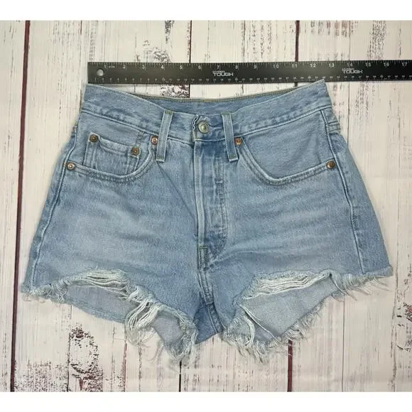 Levi's 501 Cut Off Jean Shorts Women's Sz 24 Button Fly Distressed Premium Denim - Picture 5 of 7